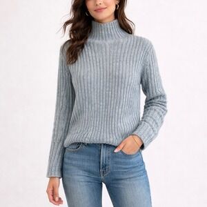 Autumn Cashmere Light Blue Ribbed Mock Neck 100% Cashmere Sweater Size Large